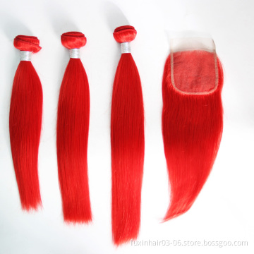 Human Hair Weaves with Closures Wavy and Curly Straight Bright Red Color Brazilian Hair Straight Wavy Curly Available 8A Grade